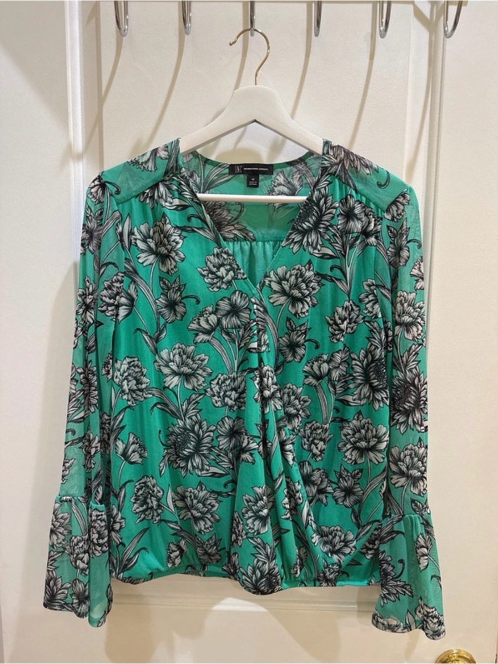 INC International Concepts Teal Floral Button-Front Long Sleeve Blouse